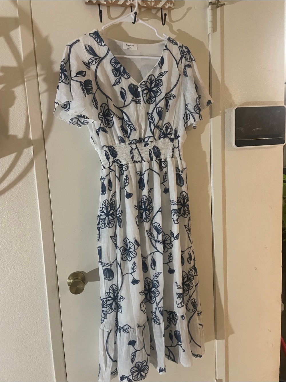 Navy White Floral Smocked Waist Midi Dress Cottagecore M - Picture 9 of 9